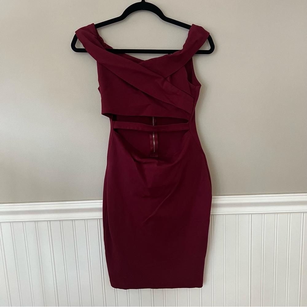 Windsor Off the Shoulder Burgundy Cut Out Mini Dress